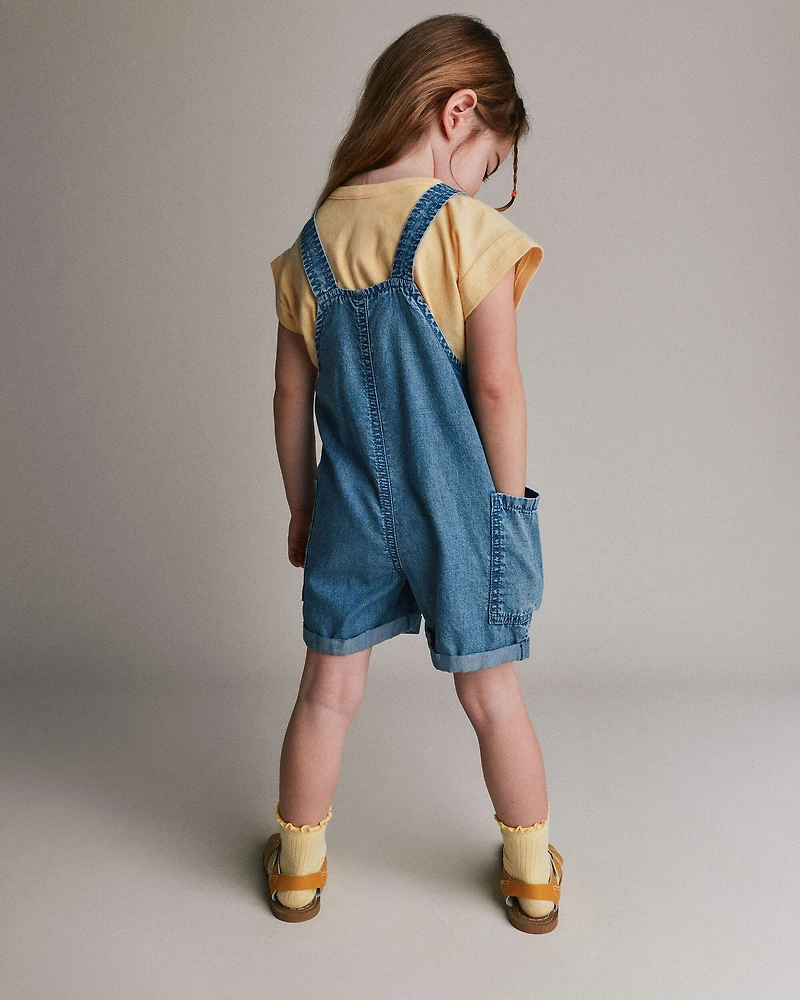 Toddler Girl Embroidered Shortall with Pockets Chambray
