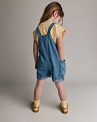 Toddler Girl Embroidered Shortall with Pockets Chambray