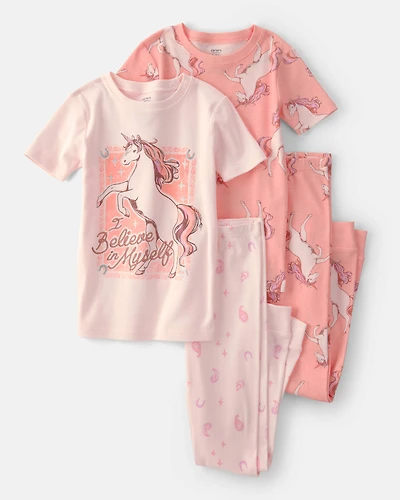Girls Unicorn 100% Cotton Snug Fit 4-Piece Pyjama Set - Pink