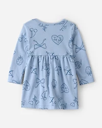 Baby Girl Bow Icon Long-Sleeve Knit Dress - Blue