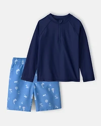 Boys 2-Piece Long-Sleeve Rashguard & Sailboat Swim Trunks Set - Blue