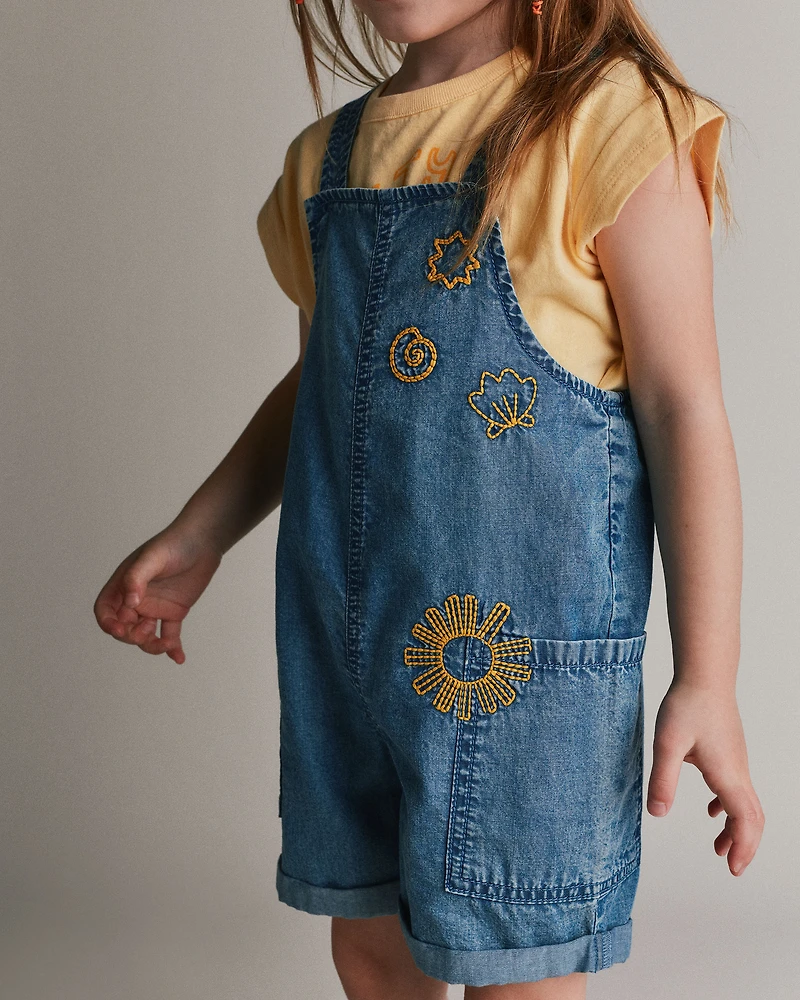 Toddler Girl Embroidered Shortall with Pockets Chambray