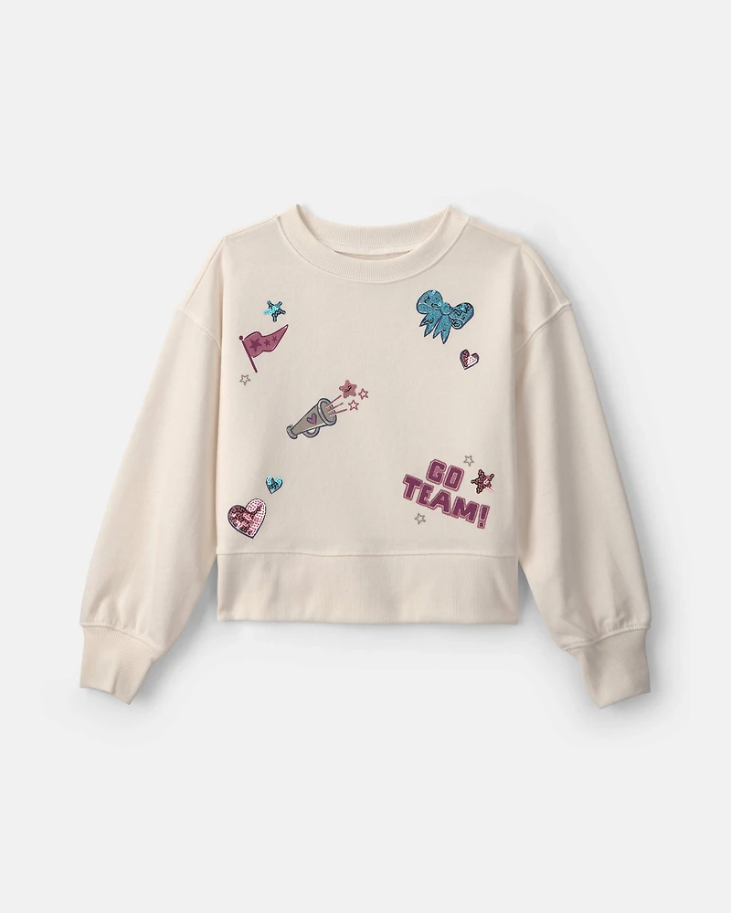 Girls 'Go Team!' French Terry Long-Sleeve Pullover Sweatshirt - Cream