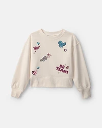Girls 'Go Team!' French Terry Long-Sleeve Pullover Sweatshirt - Cream