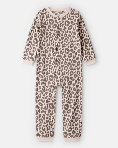Girls Leopard Fleece Long-Sleeve Snug Fit 1-Piece Pajamas - Brown