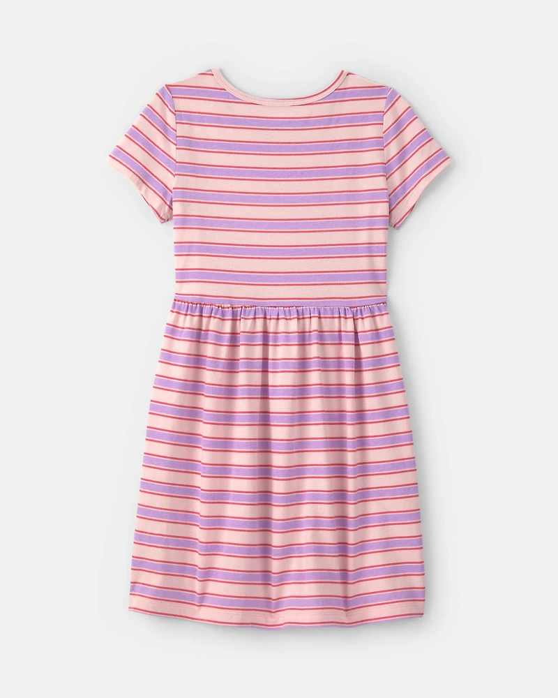 Girls Striped Short-Sleeve Dress - Pink