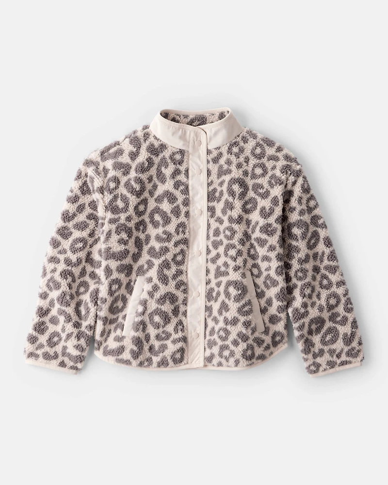 Girls Leopard Print Long-Sleeve Sherpa Jacket - Brown