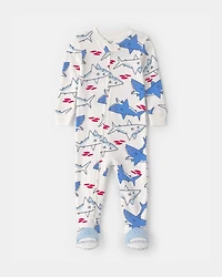 Baby Boy Shark 100% Cotton Snug Fit 1-Piece Pyjama - Ivory/Blue