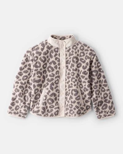 Girls Leopard Print Long-Sleeve Sherpa Jacket - Brown