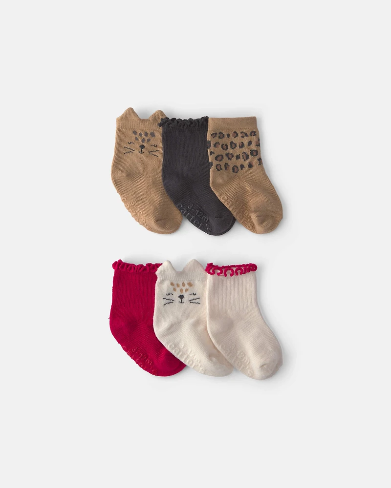 Baby Girl 6-Pack Cat Leopard Ankle Socks