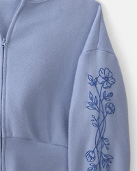 Girls Floral Fleece Zip-Up Hoodie - Blue