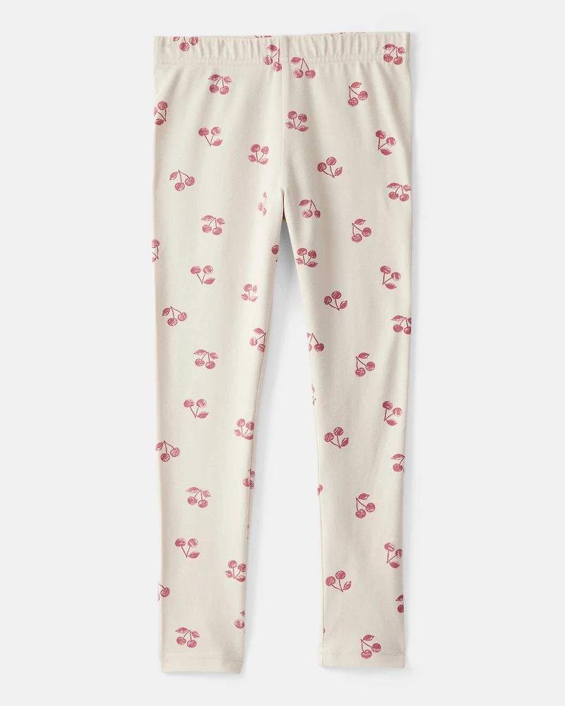 Girls Cherry Print Cotton Pull-On Stretch Leggings - Ivory