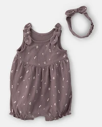 Baby Girl 2-Piece Floral Sleeveless Romper Set - Brown