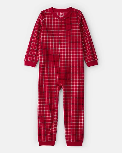 Boys Plaid Print Fleece Loose Fit 1-Piece Pyjamas - Red