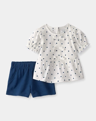 Baby Girl 2-Piece Polka Dots Top & Short Set - Blue/White