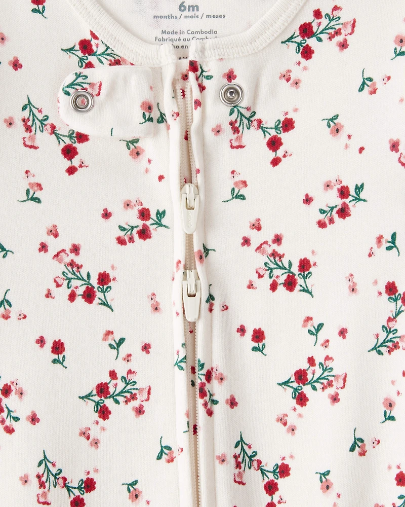 Baby Girl Bow Floral Print 100% Cotton Sleeper - White/Red