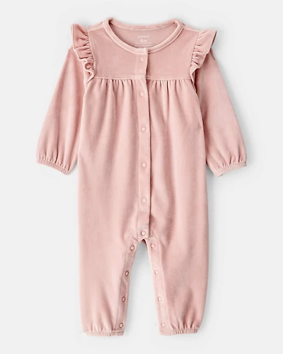 Baby Girl Velour Long-Sleeve Jumpsuit - Pink