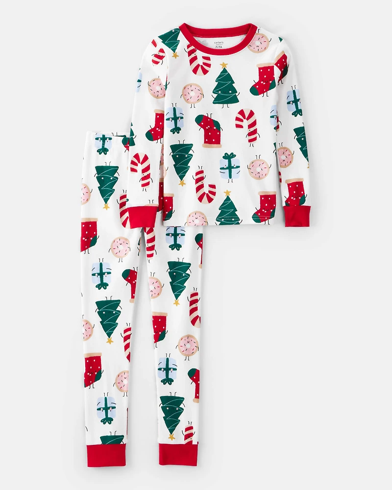 Kid Christmas Print 100% Cotton Long-Sleeve 2-Piece Pyjamas - White