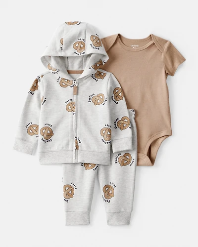 Baby Boy 3-Piece 'Feeling Salty' Pretzel Jacket Outfit Set - Grey/Brown