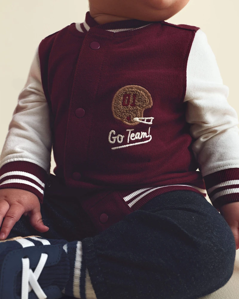 Baby Boy 3-Piece 'Go Team' Football French Terry Layering Set - Maroon