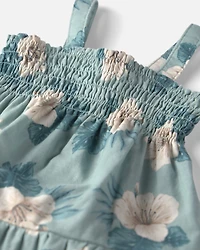 Baby Girl Smocked Linen Dress Made with Organic Cotton Blue Hibiscus