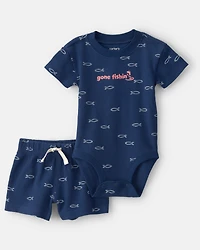 Baby Boy 2-Piece Fishing Herringbone Thermal Short-Sleeve Bodysuit & Short Set - Navy
