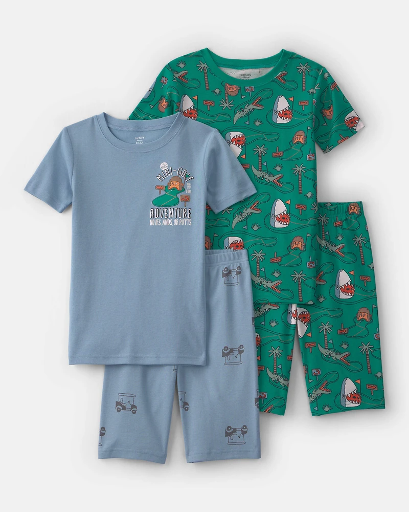 Boys Mini Golf 100% Cotton Short-Sleeve Snug Fit 4-Piece pyjama Set - Green/Blue