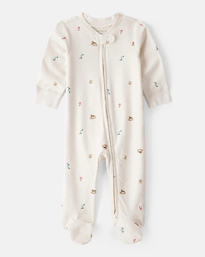 Baby Christmas Microprint 100% Cotton Sleeper - Cream