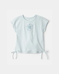 Girls Embroidered Flower Crinkle Top - Blue