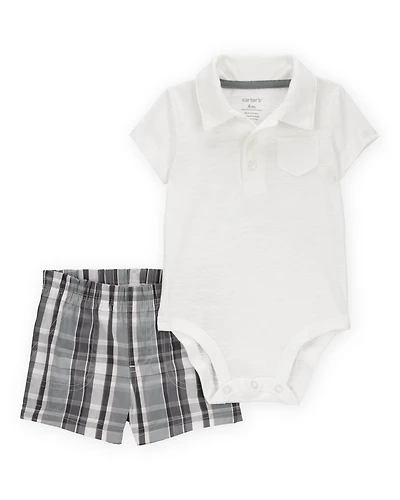 Baby Boy 2-Piece Polo Bodysuit & Plaid Short Set - Ivory/Grey