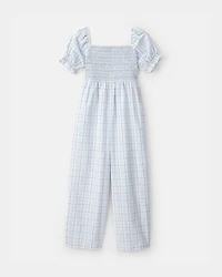 Girls Plaid Smocked Jumpsuit - Blue