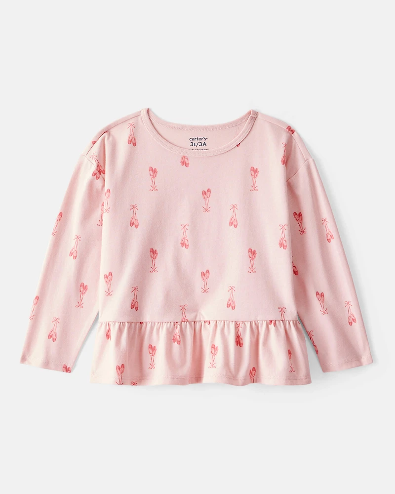 Toddler Girl Ballet Slippers Long-Sleeve Peplum Top - Pink