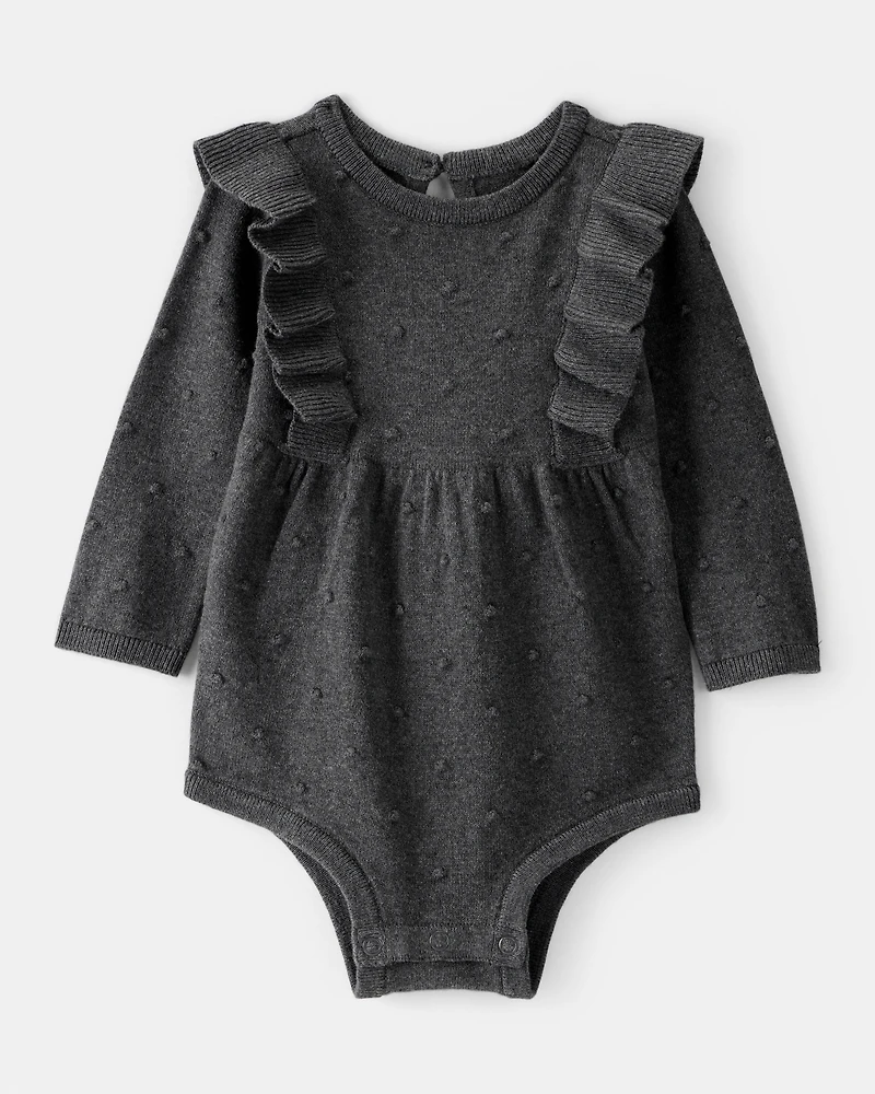 Baby Girl Ruffled Cotton Long-Sleeve Bodysuit - Grey