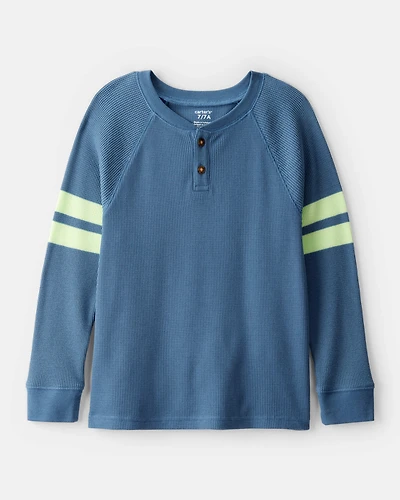 Boys Stripe Thermal Long-Sleeve Henley T-Shirt - Blue