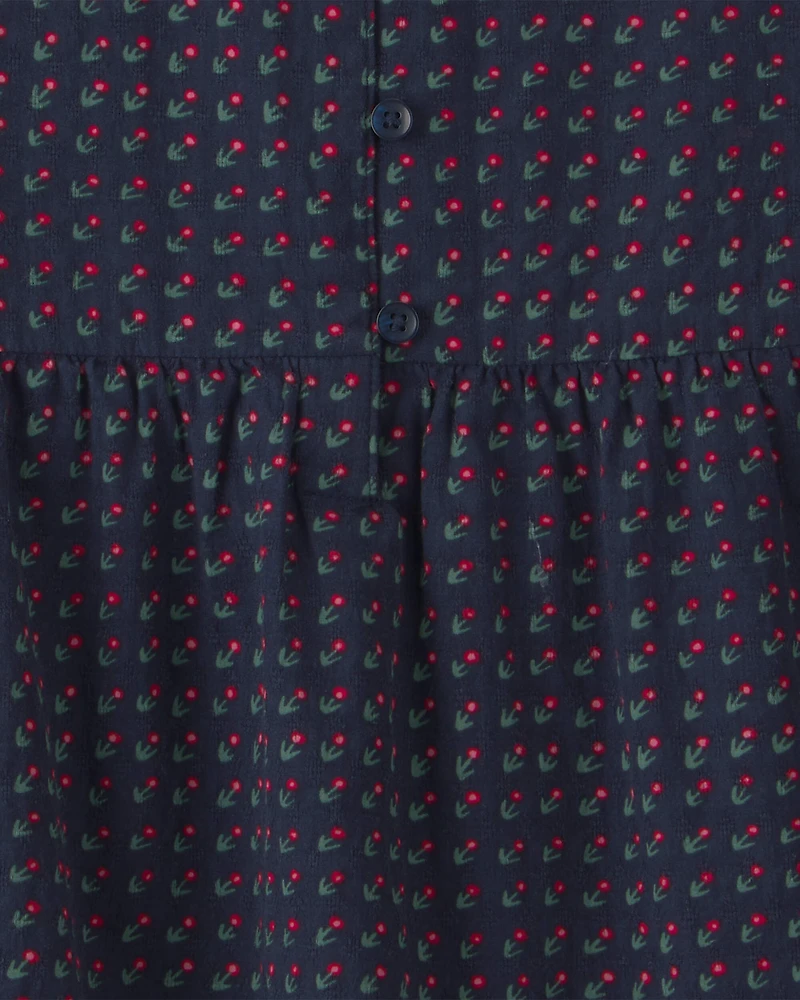 Girls Organic Cotton Dobby Dress Navy Floral