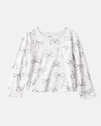 Girls Bow Print Long-Sleeve Top - Grey