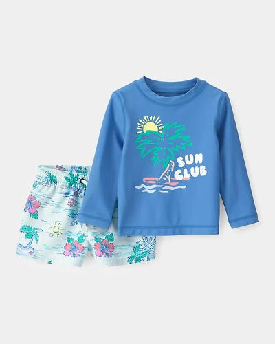 Baby Boy 2-Piece Beach Tropical Long-Sleeve Rashguard Trunk Set - Blue