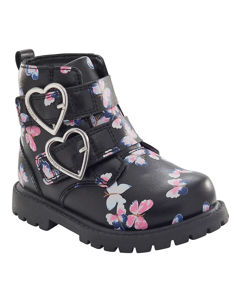 Toddler Girl Butterfly Heart Buckle Boots - Black