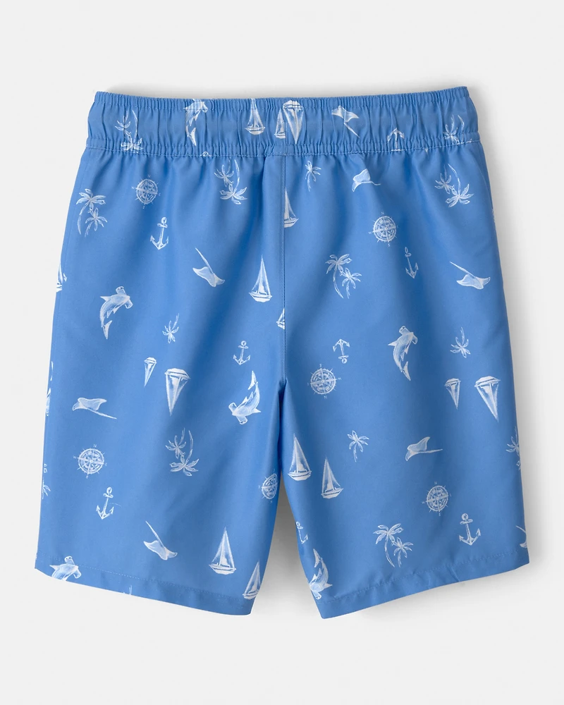 Boys 2-Piece Long-Sleeve Rashguard & Sailboat Swim Trunks Set - Blue