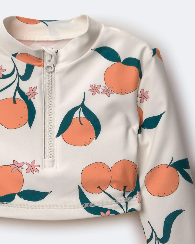Toddler Girl Half-Zip Long-Sleeve Rashguard Set Clementine Grove Print - Cream