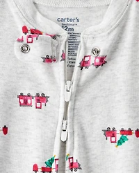 Baby Boy Train Print Cotton Long-Sleeve Snug Fit 1-Piece pyjamas - Grey