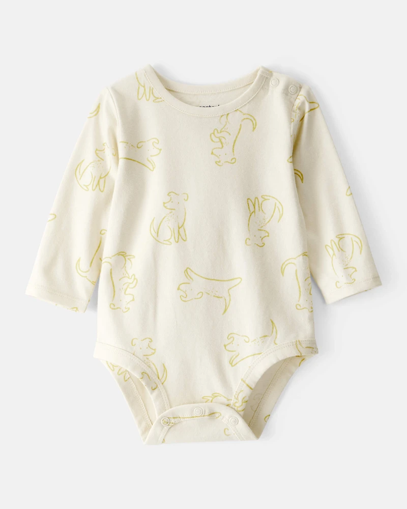 Baby Boy Dog Print Cotton Long-Sleeve Fashion Bodysuit - White