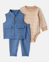 Baby Boy 3-Piece Quilted Vest Outfit Set - Blue/Brown