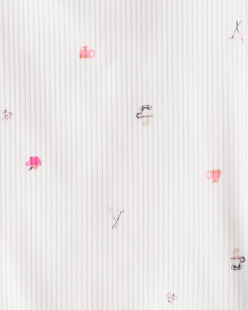 Girls Cafe-Print Ribbed Top - Ivory