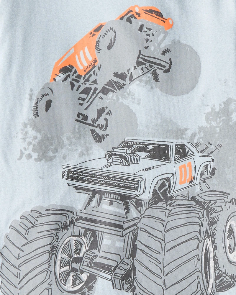 Boys Monster Truck Print 100% Cotton Long-Sleeve 4-Piece Pyjamas - Blue