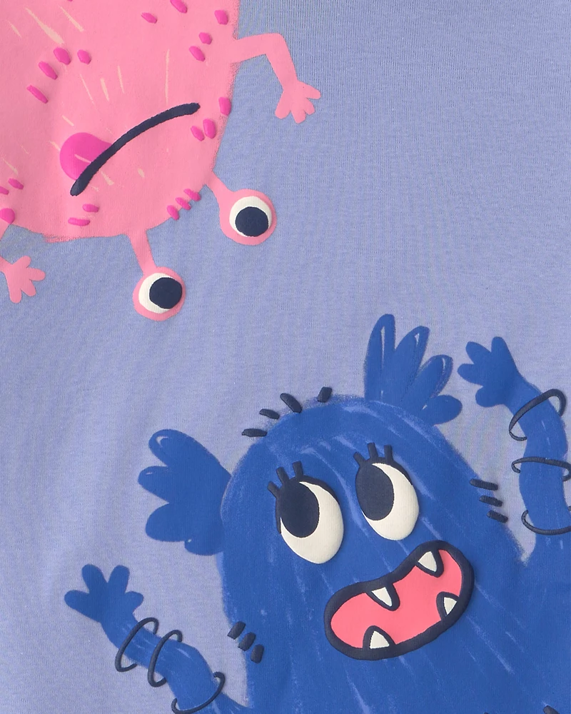 Girls 4-Piece Monster 100% Cotton Snug Fit Pyjama Set - Blue/Cream