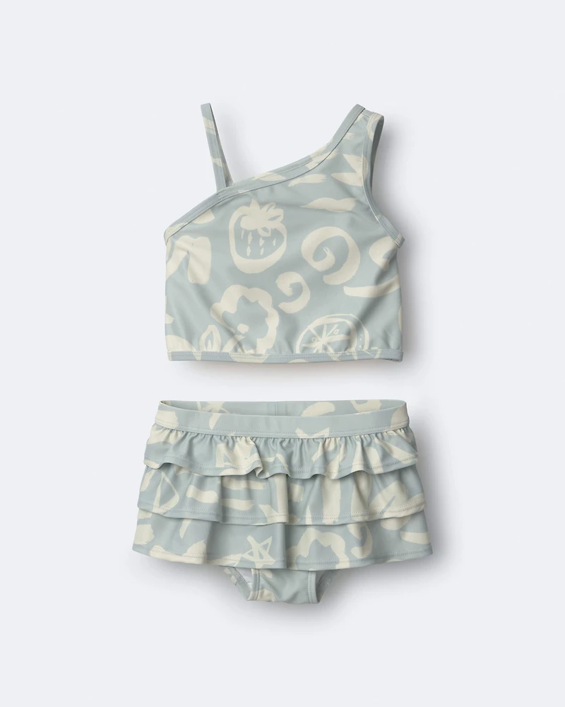 Toddler Girl Tropical One-Shoulder Ruffle Tankini Set - Sage