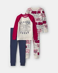 Toddler Boy 4-Piece 'Rescue Squad' 100% Cotton Snug Fit Pyjama Set - Red/Cream