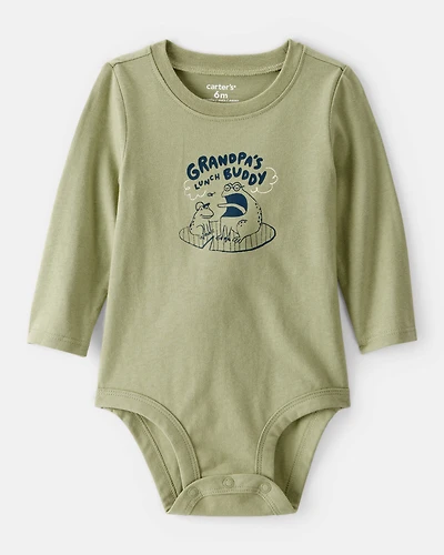 Baby Boy Grandpa's Lunch Buddy Frog Cotton Long-Sleeve Graphic Bodysuit - Green