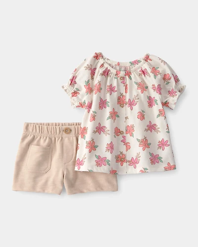 Baby Girl 2-Piece Floral Top & Short Set - Cream/Tan